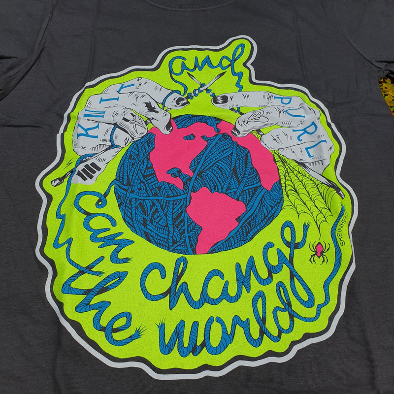 Ghoulish Grey Knit And Purl Can Change The World Skeinhead T-Shirt