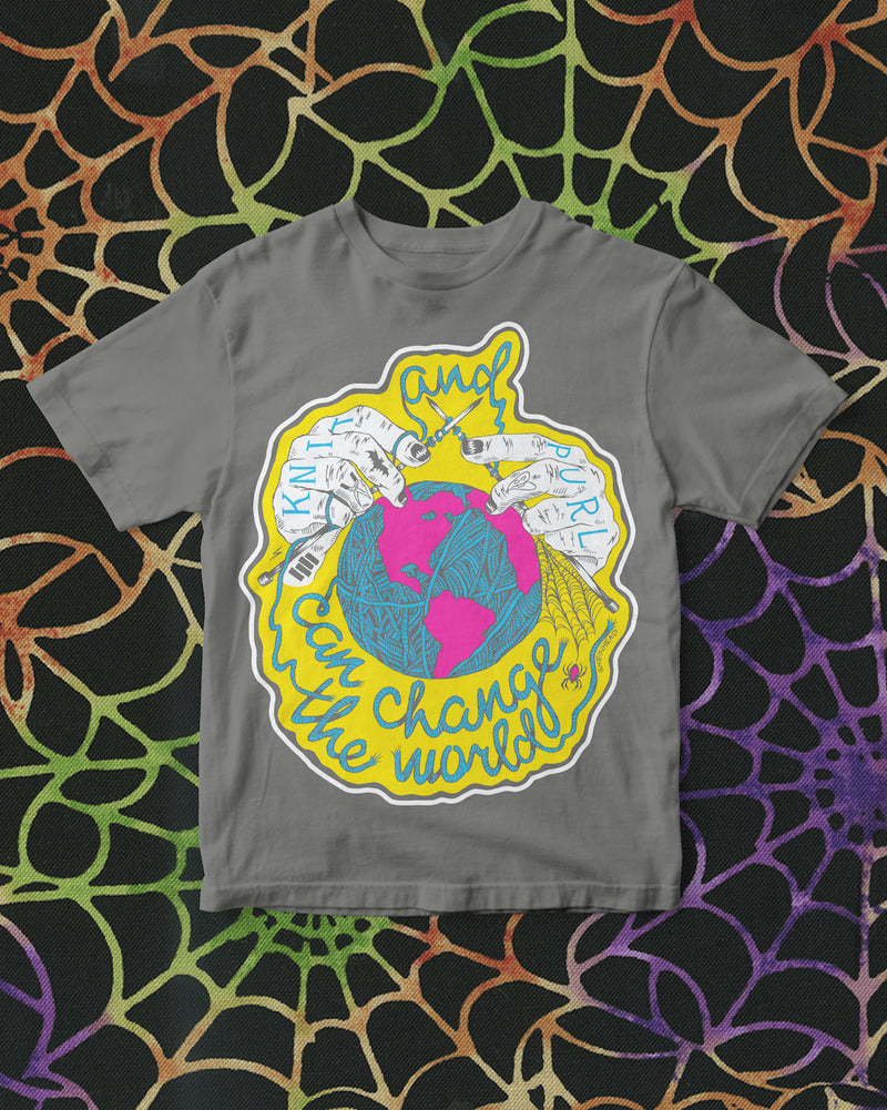 Ghoulish Grey Knit And Purl Can Change The World Skeinhead T-Shirt
