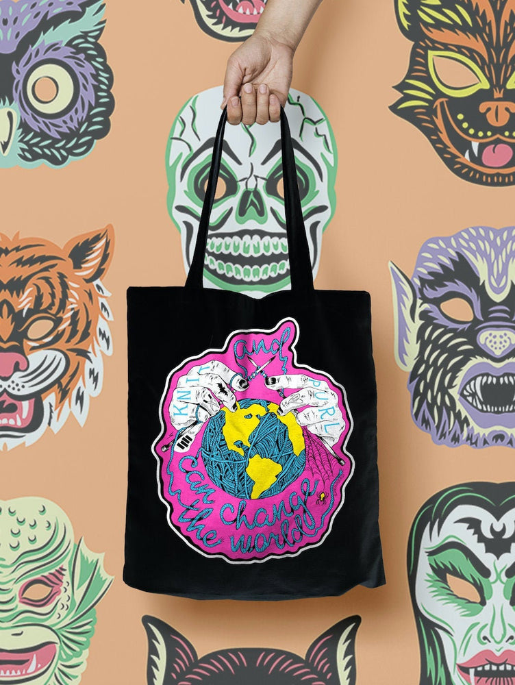 Knit And Purl Can Change The World Skeinhead Tote Bag