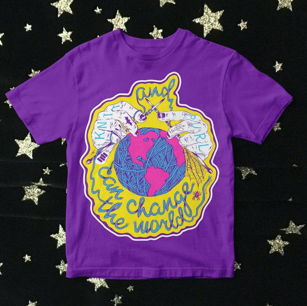 Knit and Purl Can Change The World Purple T-Shirt SECONDS